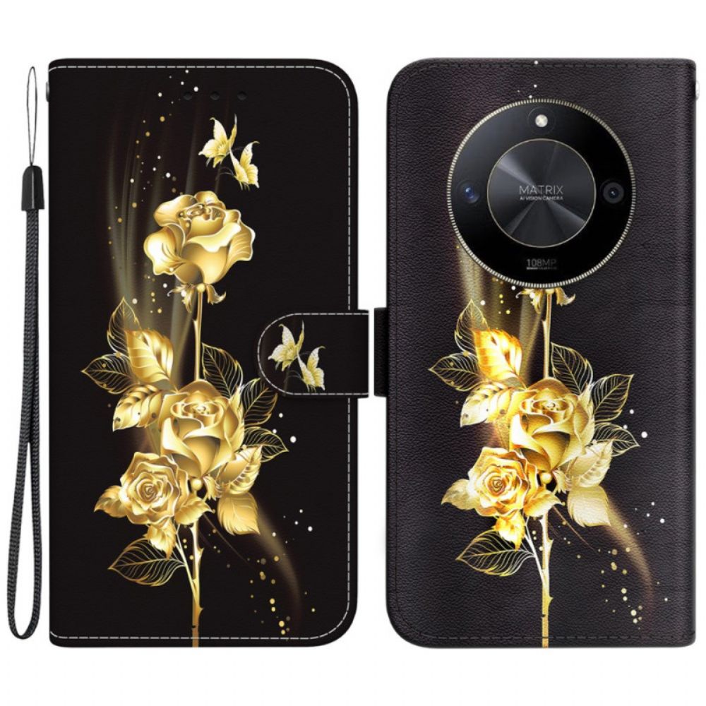 Leren Hoesje Voor Honor X9b / Magic 6 Lite Gouden Vlinders En Rozen