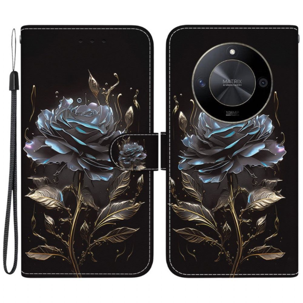 Leren Hoesje Voor Honor X9b / Magic 6 Lite Zwarte Roos Met Riem