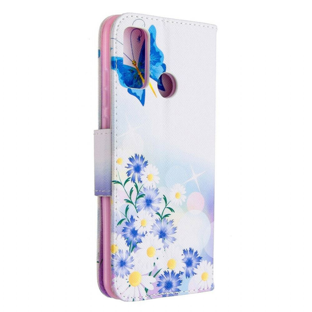 Leren Hoesje voor Huawei P Smart 2020 Geschilderde Vlinders En Bloemen