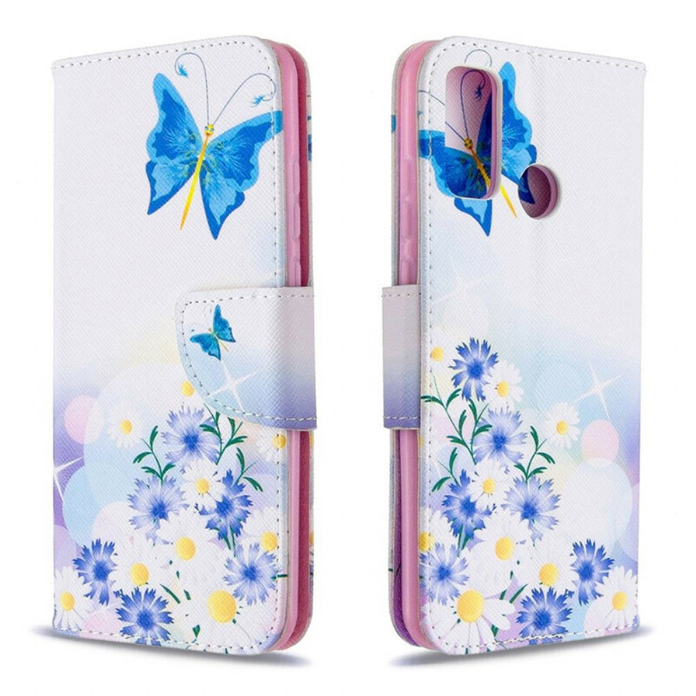 Leren Hoesje voor Huawei P Smart 2020 Geschilderde Vlinders En Bloemen