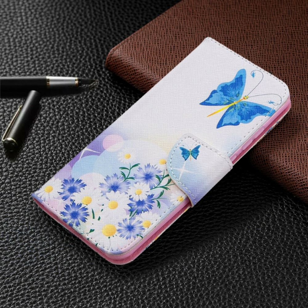 Leren Hoesje voor Huawei P Smart 2020 Geschilderde Vlinders En Bloemen