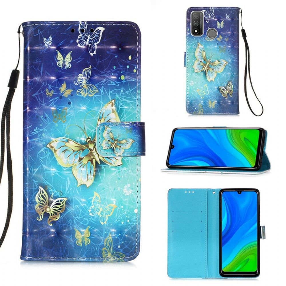 Leren Hoesje voor Huawei P Smart 2020 Met Ketting Gouden Band Vlinders