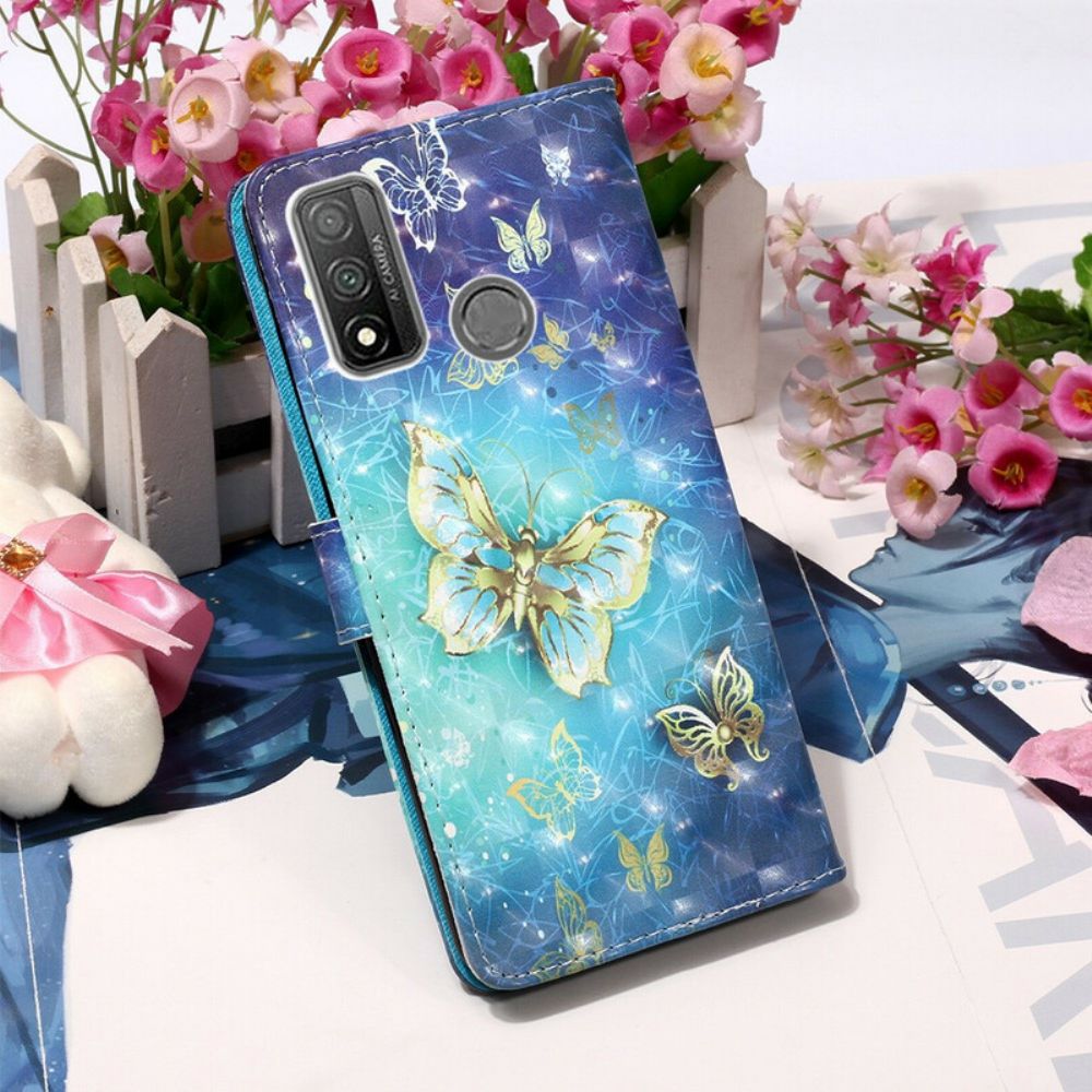 Leren Hoesje voor Huawei P Smart 2020 Met Ketting Gouden Band Vlinders