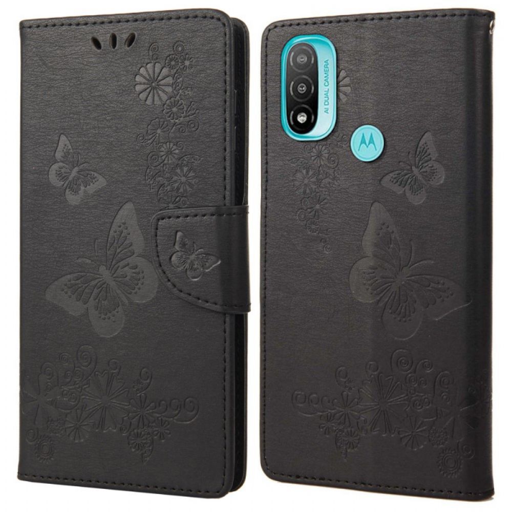 Folio-hoesje voor Moto E40 / E30 / E20 Met Ketting Prachtige Vlinders Met Riem