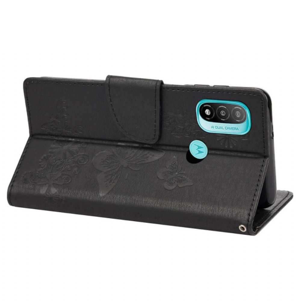 Folio-hoesje voor Moto E40 / E30 / E20 Met Ketting Prachtige Vlinders Met Riem