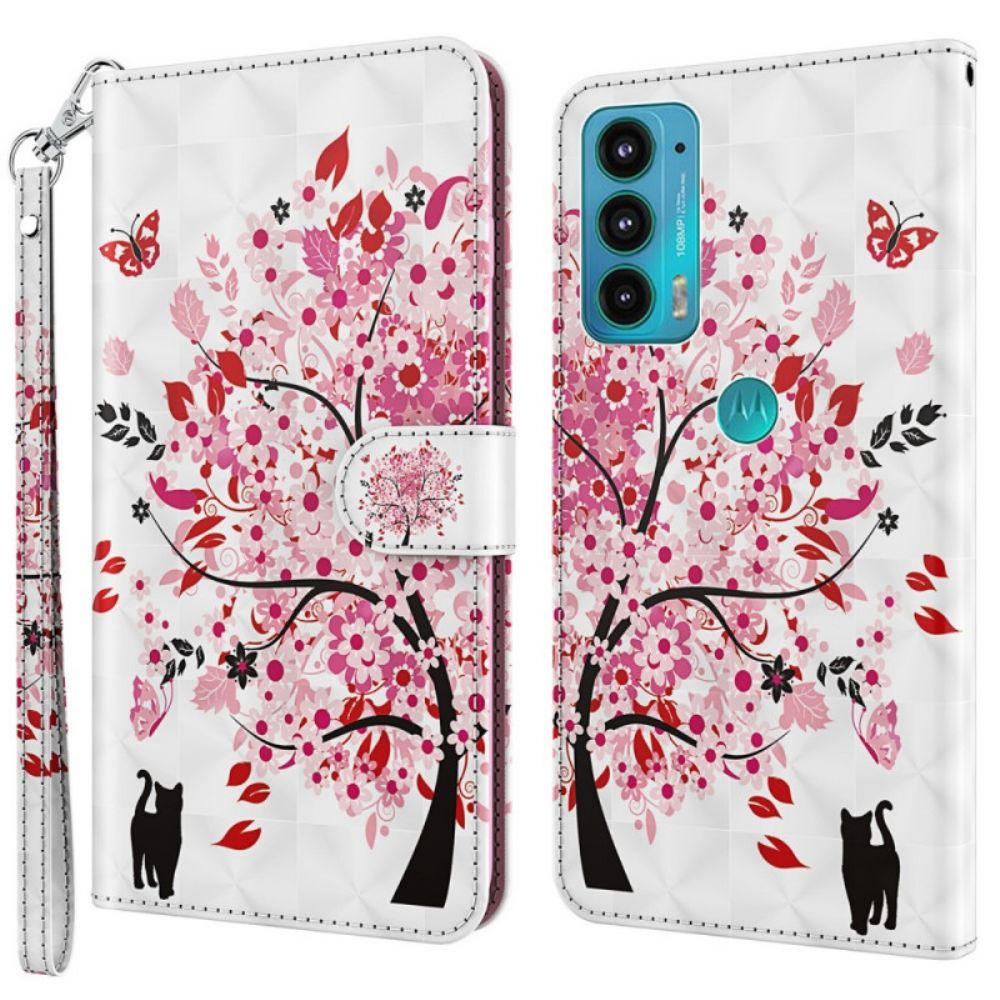 Leren Hoesje voor Moto E40 / E30 / E20 Roze Boom En Zwarte Kat