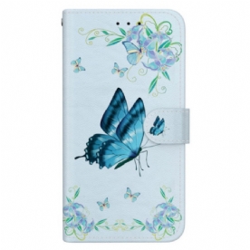 Flip Case Leren Xiaomi 14t Blauwe Vlinder En Bloemen