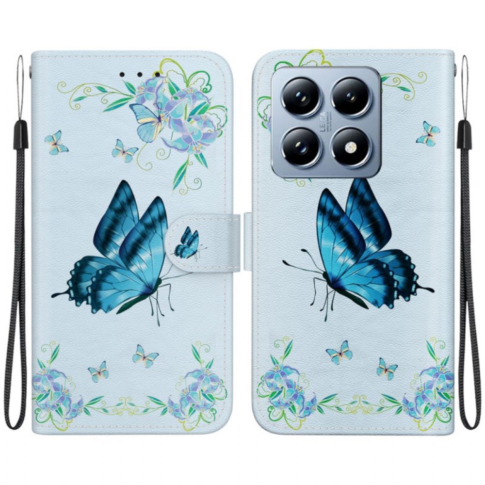 Flip Case Leren Xiaomi 14t Blauwe Vlinder En Bloemen