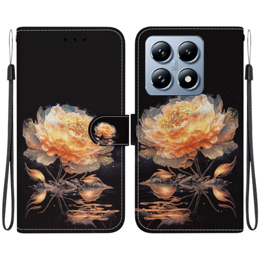 Flip Case Leren Xiaomi 14t Gouden Pioen