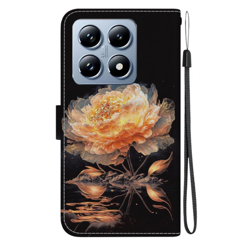 Flip Case Leren Xiaomi 14t Gouden Pioen