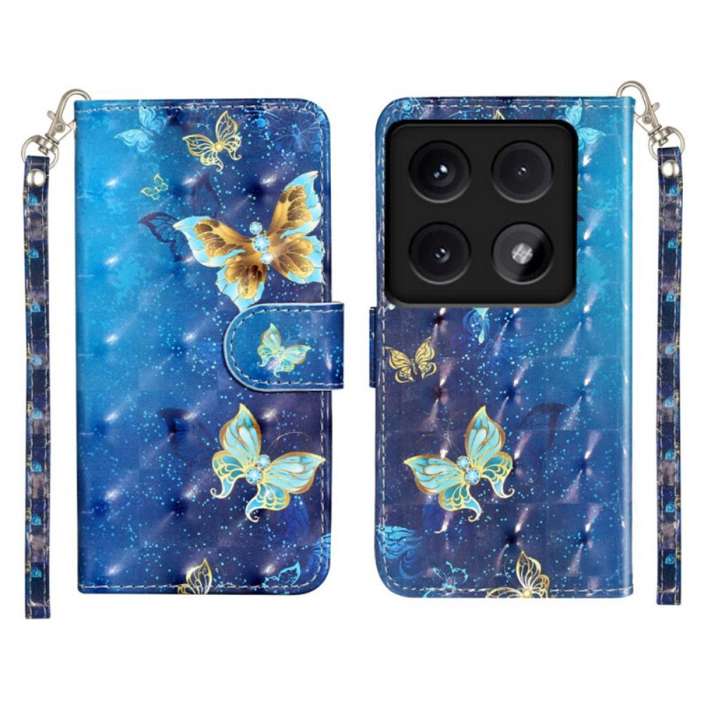 Leren Hoesje Voor Xiaomi 14t Blauwe En Gouden Vlinders Met Riem