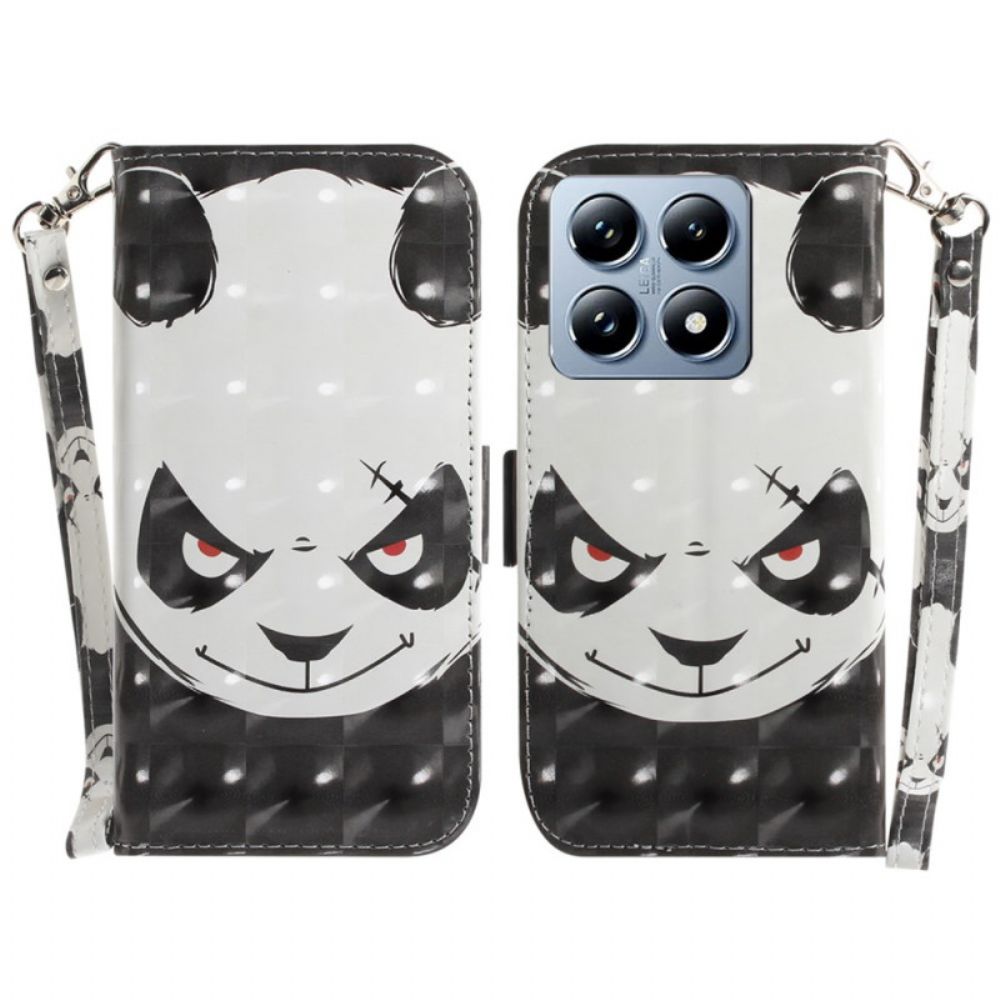 Leren Hoesje Xiaomi 14t Boze Panda Met Riem Bescherming Hoesje