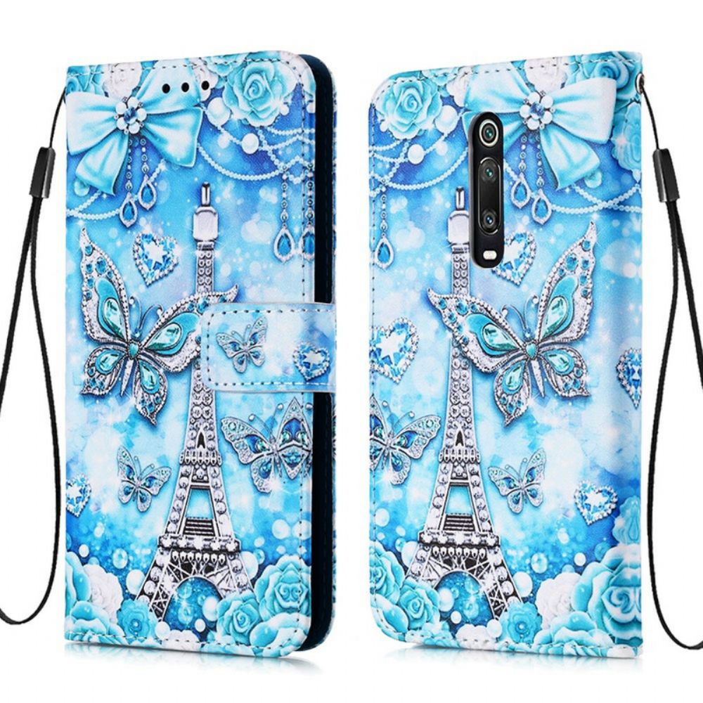 Folio-hoesje voor Xiaomi Mi 9T / Mi 9T Pro Met Ketting Eiffeltoren Vlinders Met Riem