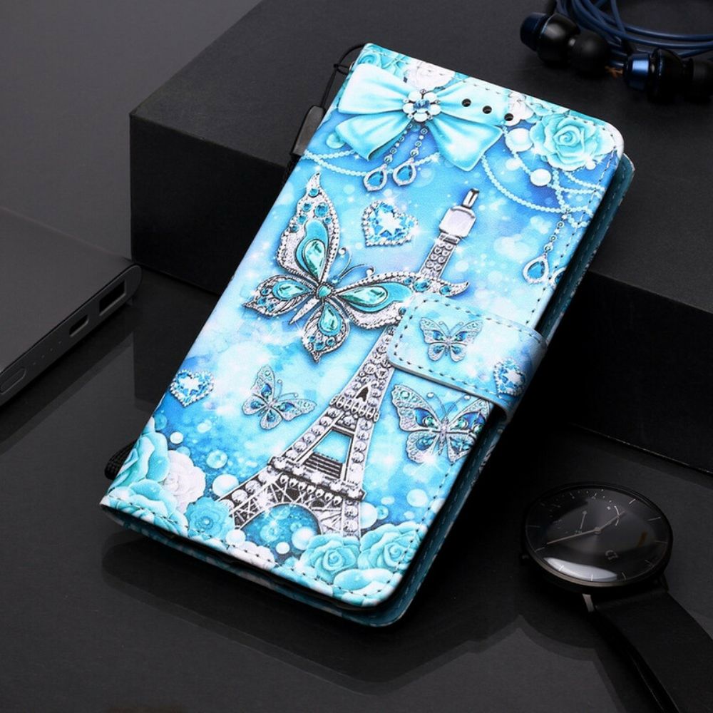 Folio-hoesje voor Xiaomi Mi 9T / Mi 9T Pro Met Ketting Eiffeltoren Vlinders Met Riem