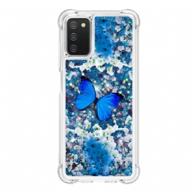 Hoesje voor Samsung Galaxy A03s Blauwe Glittervlinders