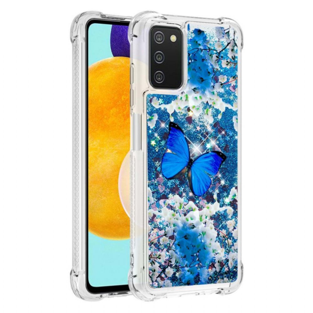 Hoesje voor Samsung Galaxy A03s Blauwe Glittervlinders