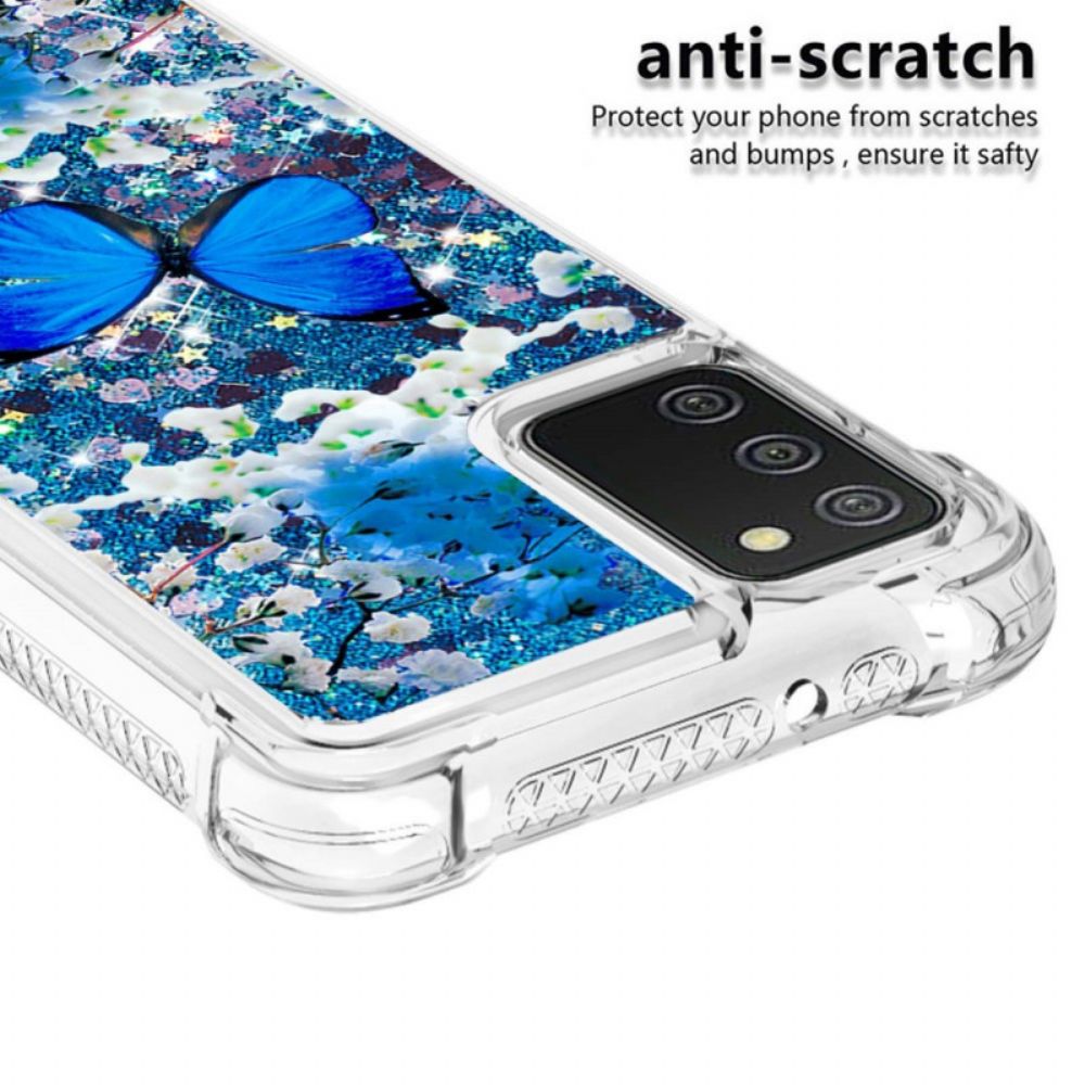 Hoesje voor Samsung Galaxy A03s Blauwe Glittervlinders