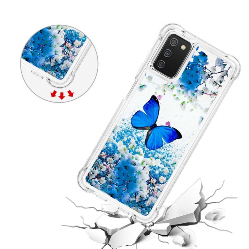 Hoesje voor Samsung Galaxy A03s Blauwe Glittervlinders