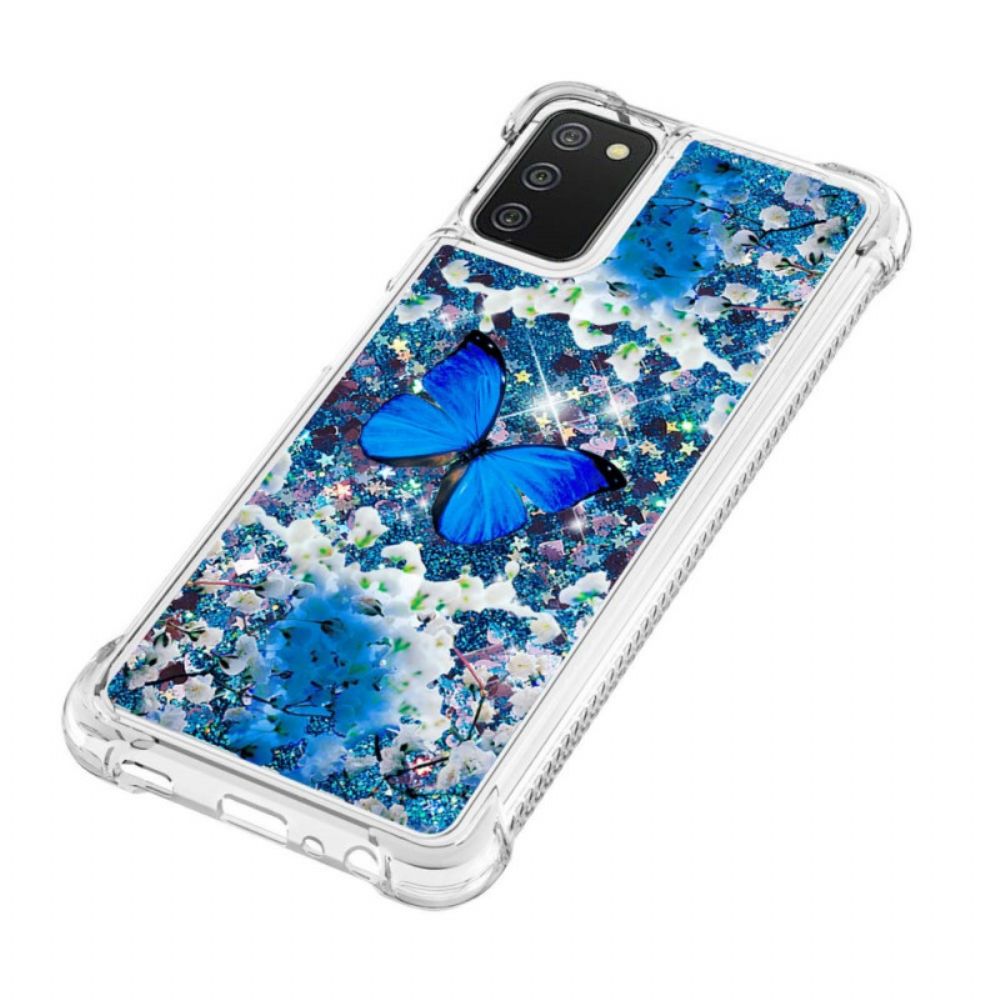 Hoesje voor Samsung Galaxy A03s Blauwe Glittervlinders