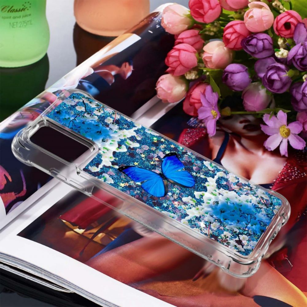 Hoesje voor Samsung Galaxy A03s Blauwe Glittervlinders