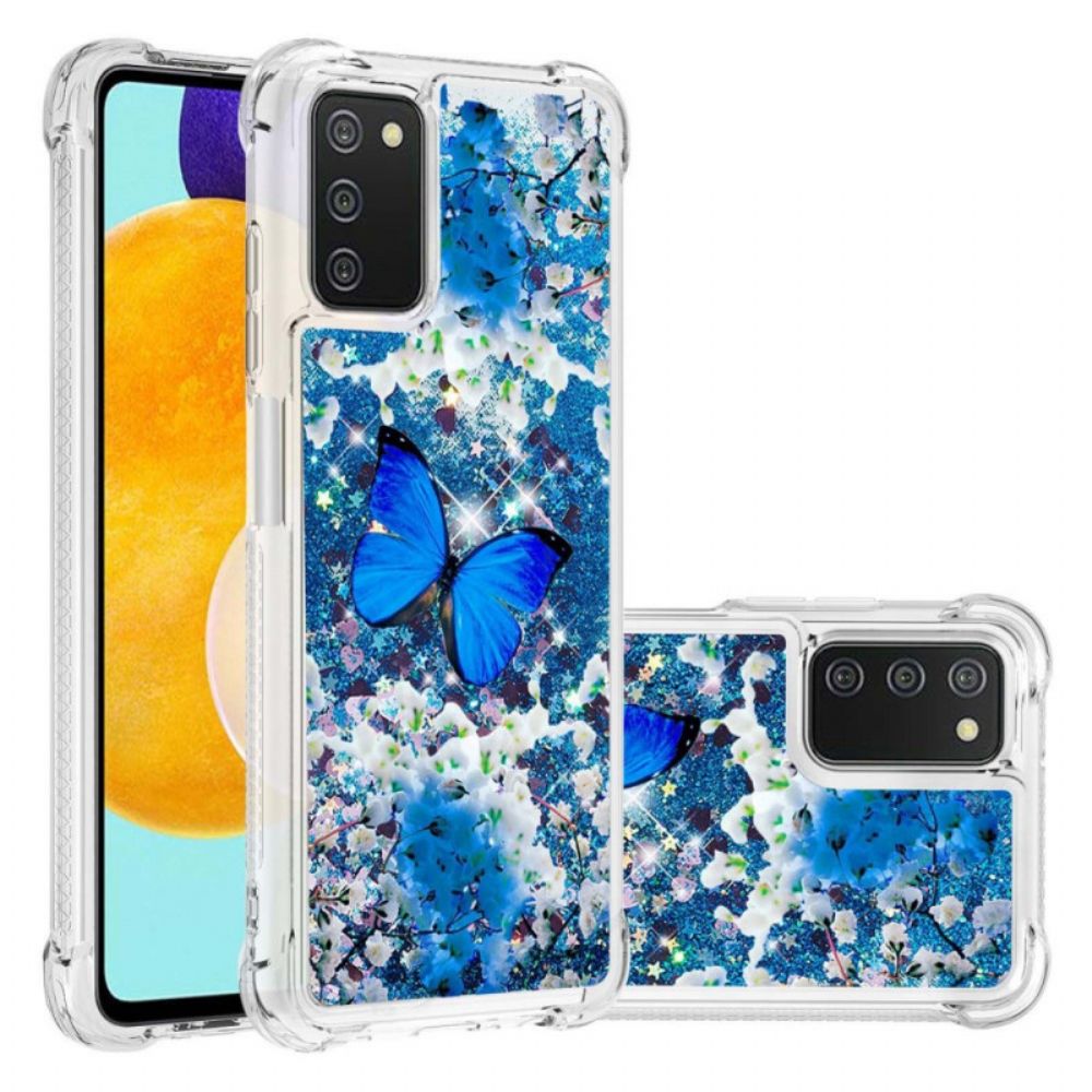 Hoesje voor Samsung Galaxy A03s Blauwe Glittervlinders