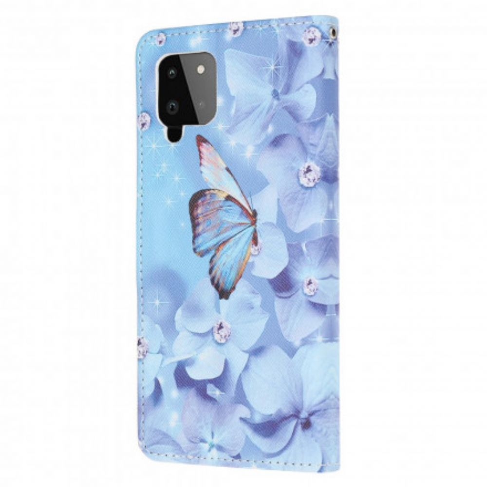 Folio-hoesje voor Samsung Galaxy A22 4G Met Ketting Vlinders Met Diamanten Bandjes