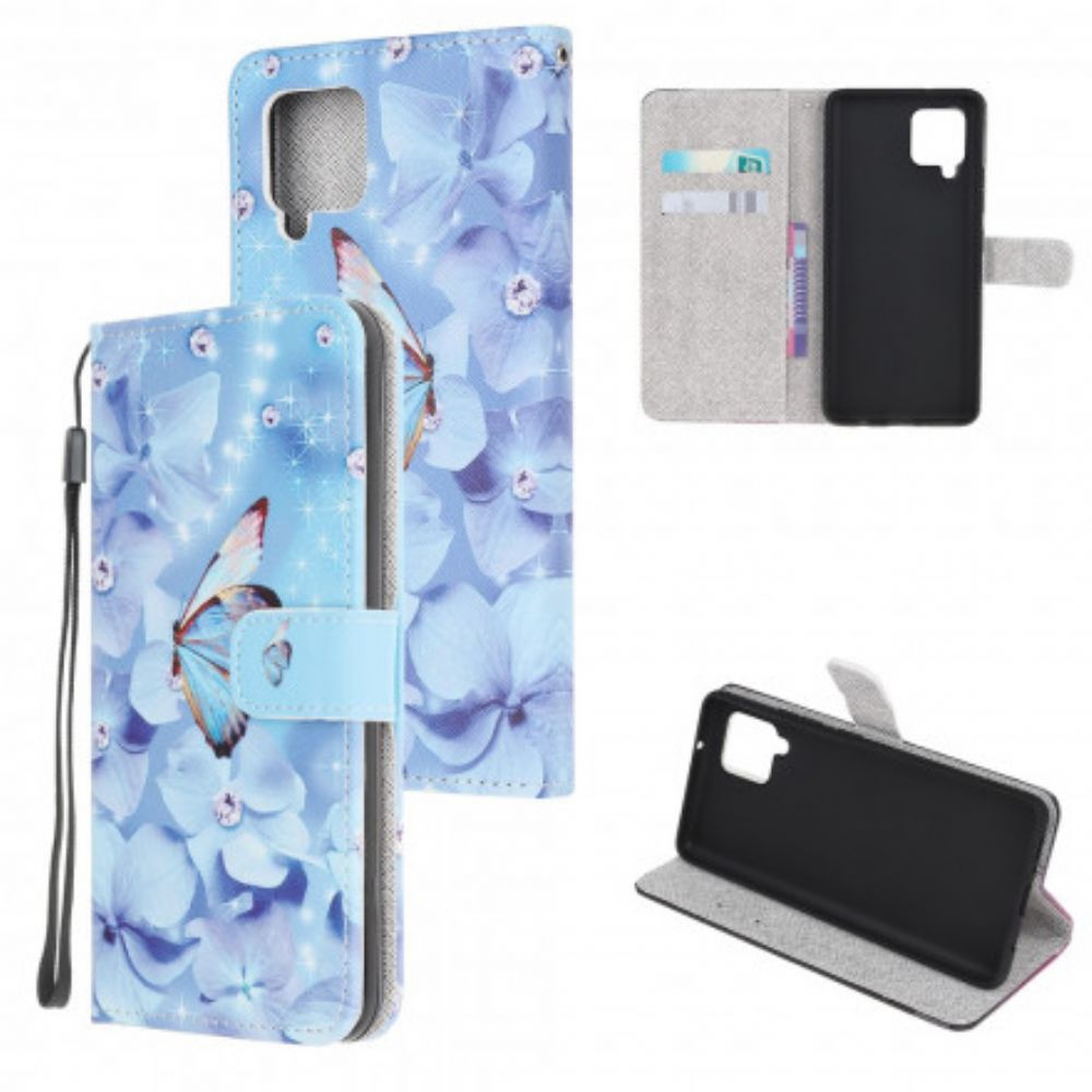 Folio-hoesje voor Samsung Galaxy A22 4G Met Ketting Vlinders Met Diamanten Bandjes