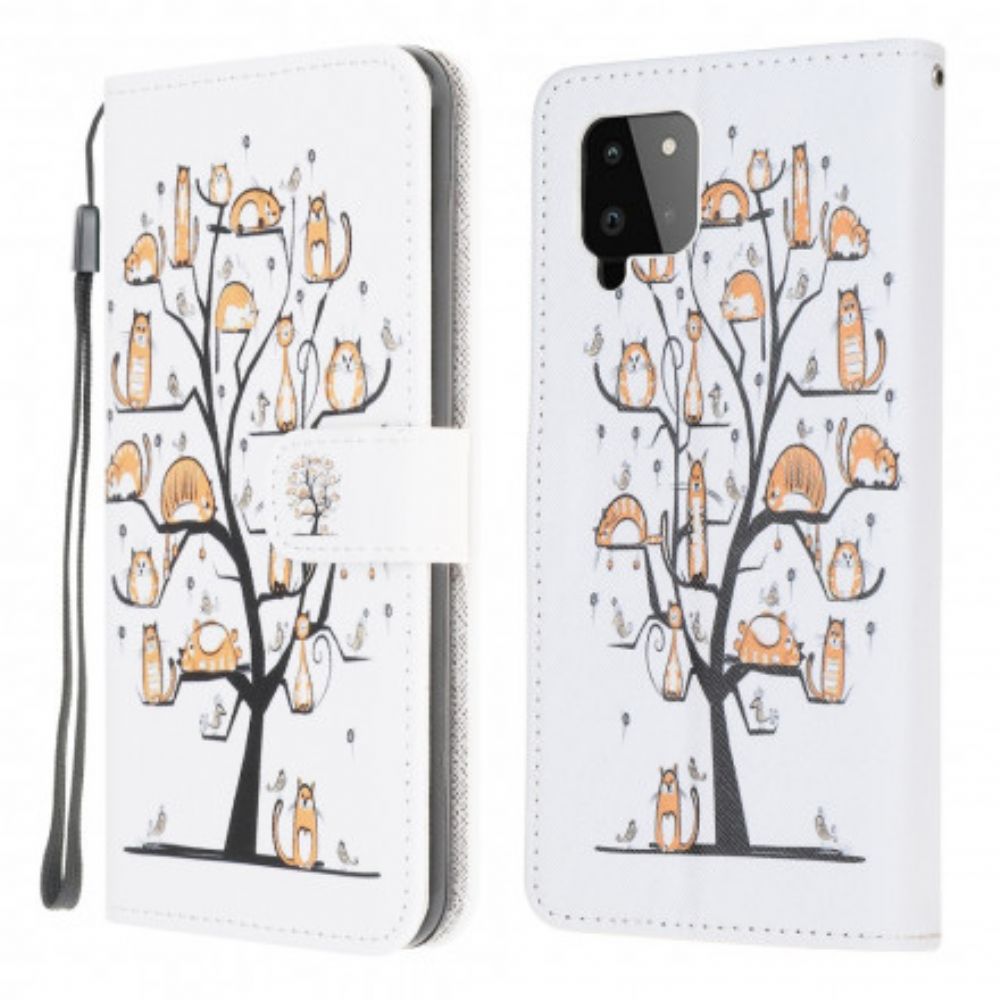 Leren Hoesje voor Samsung Galaxy A22 4G Met Ketting Funky Katten Met Riem