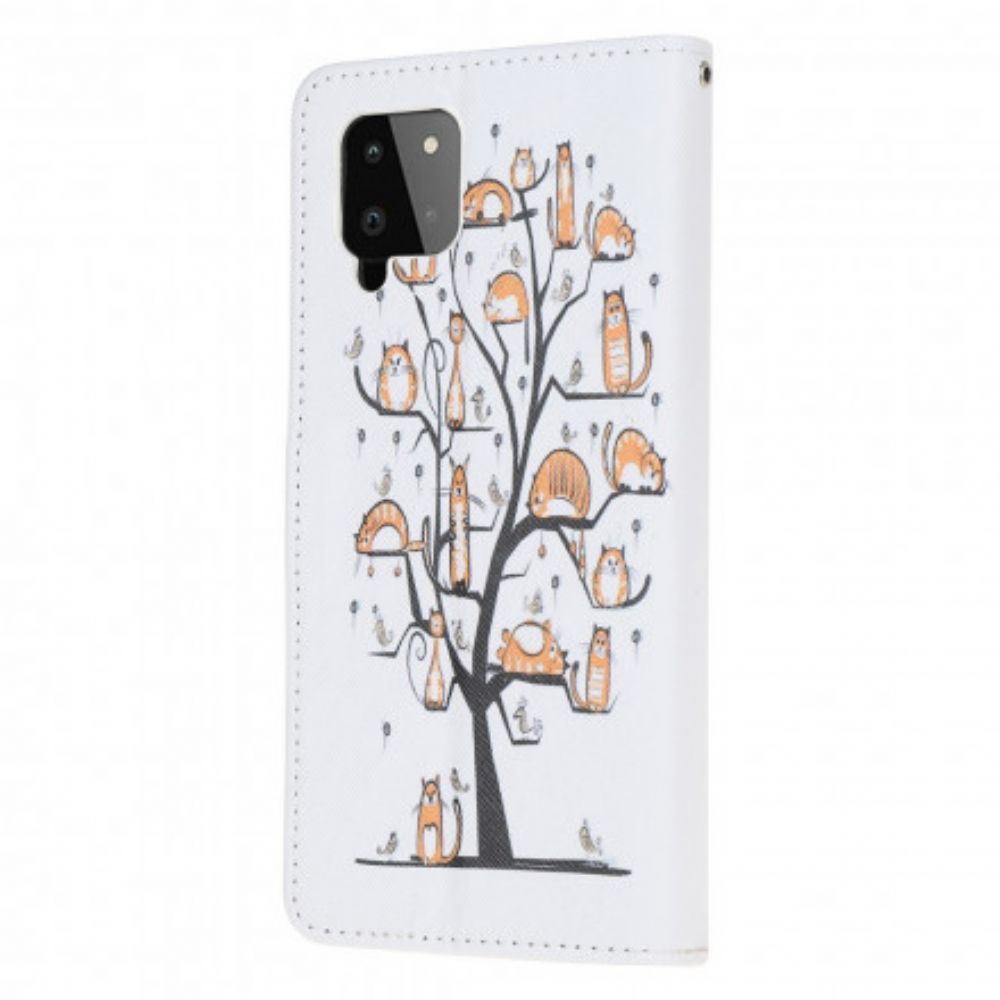 Leren Hoesje voor Samsung Galaxy A22 4G Met Ketting Funky Katten Met Riem