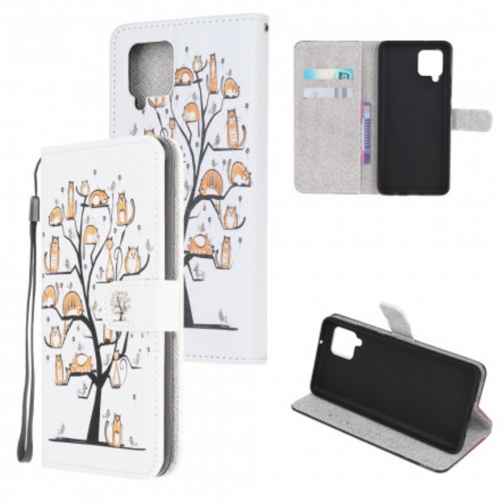 Leren Hoesje voor Samsung Galaxy A22 4G Met Ketting Funky Katten Met Riem