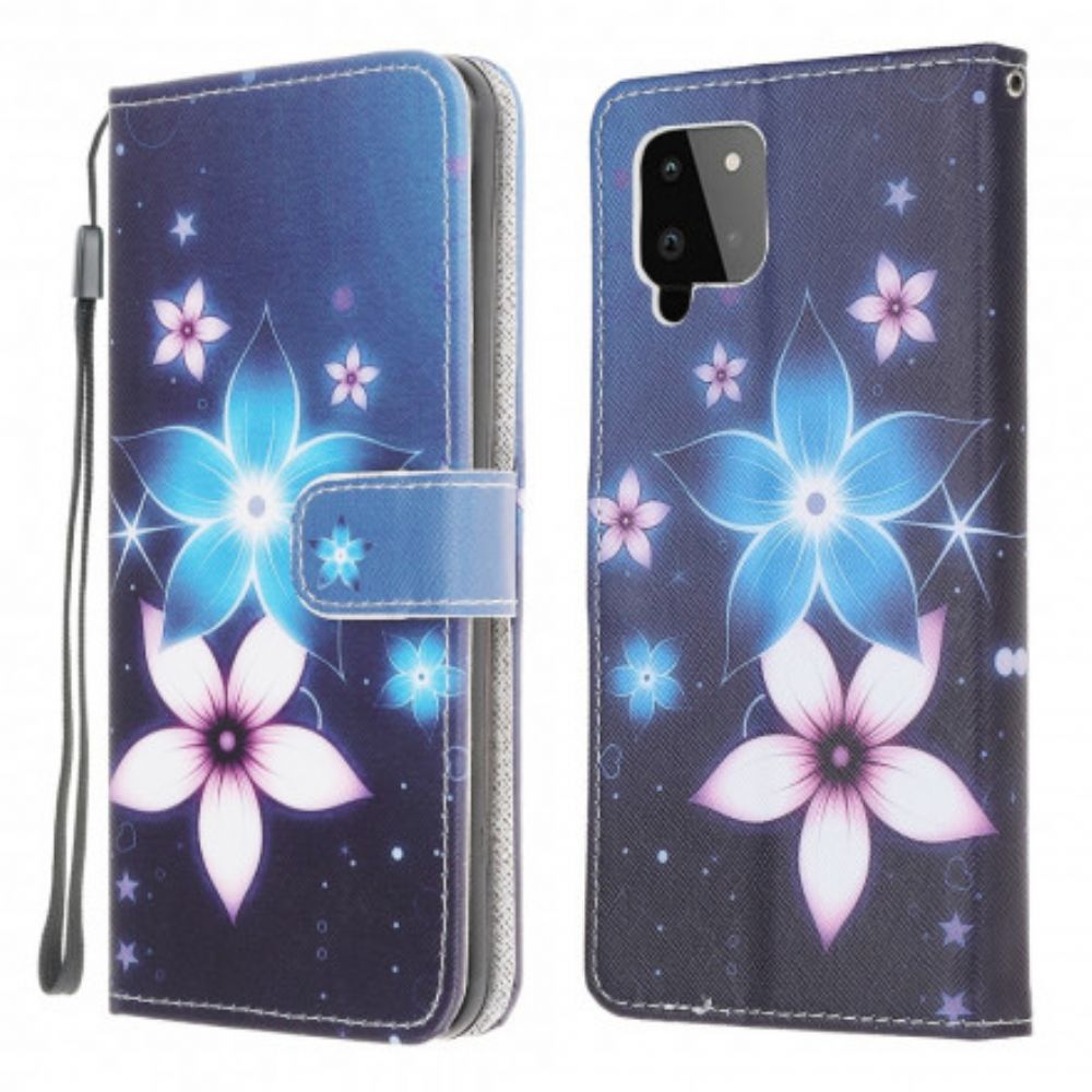 Leren Hoesje voor Samsung Galaxy A22 4G Met Ketting Maanband Bloemen