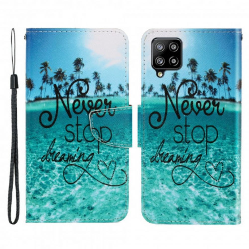 Leren Hoesje voor Samsung Galaxy A22 4G Met Ketting Stop Nooit Met Dromen Marineblauwe Strappy