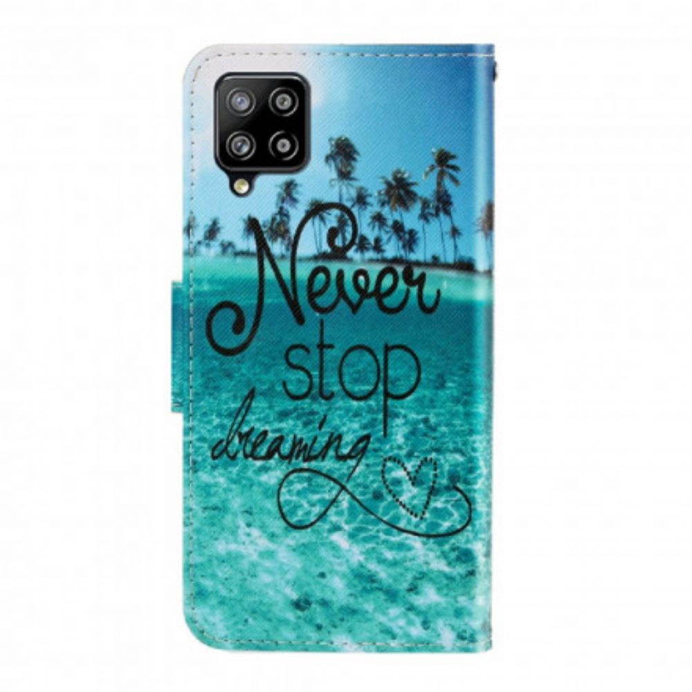 Leren Hoesje voor Samsung Galaxy A22 4G Met Ketting Stop Nooit Met Dromen Marineblauwe Strappy