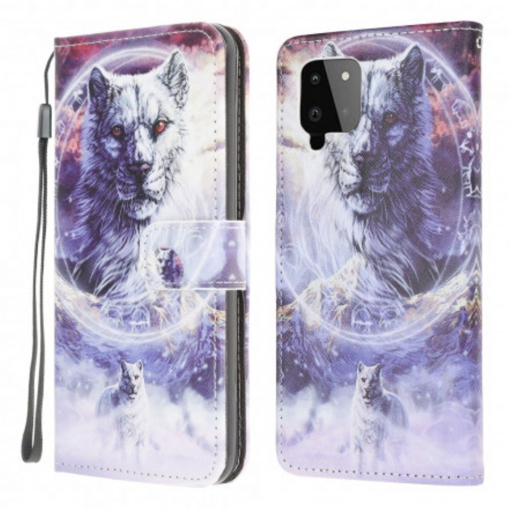 Leren Hoesje voor Samsung Galaxy A22 4G Winterwolf Met Koord