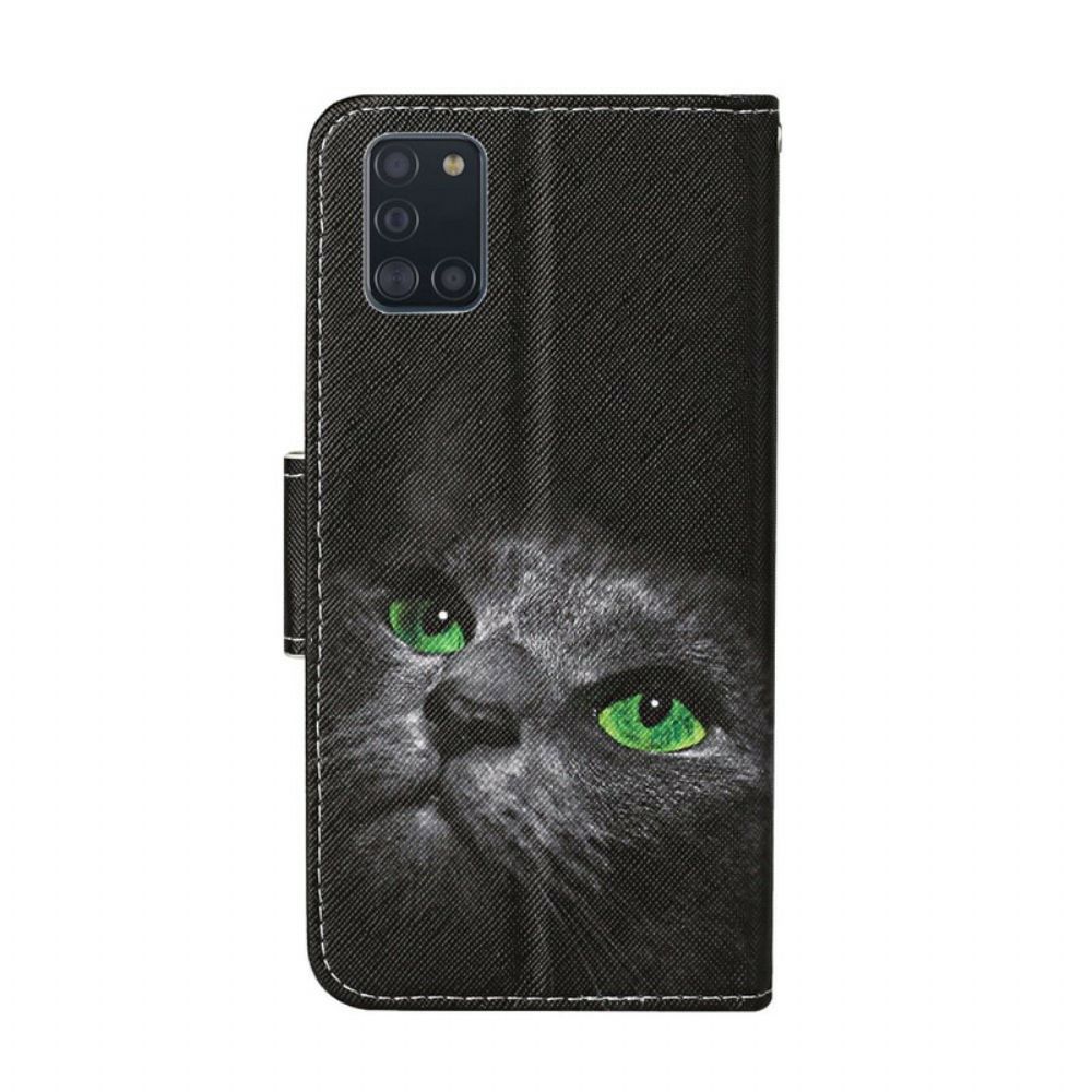 Flip Case voor Samsung Galaxy A31 Kat Met Groene Ogen En Koord