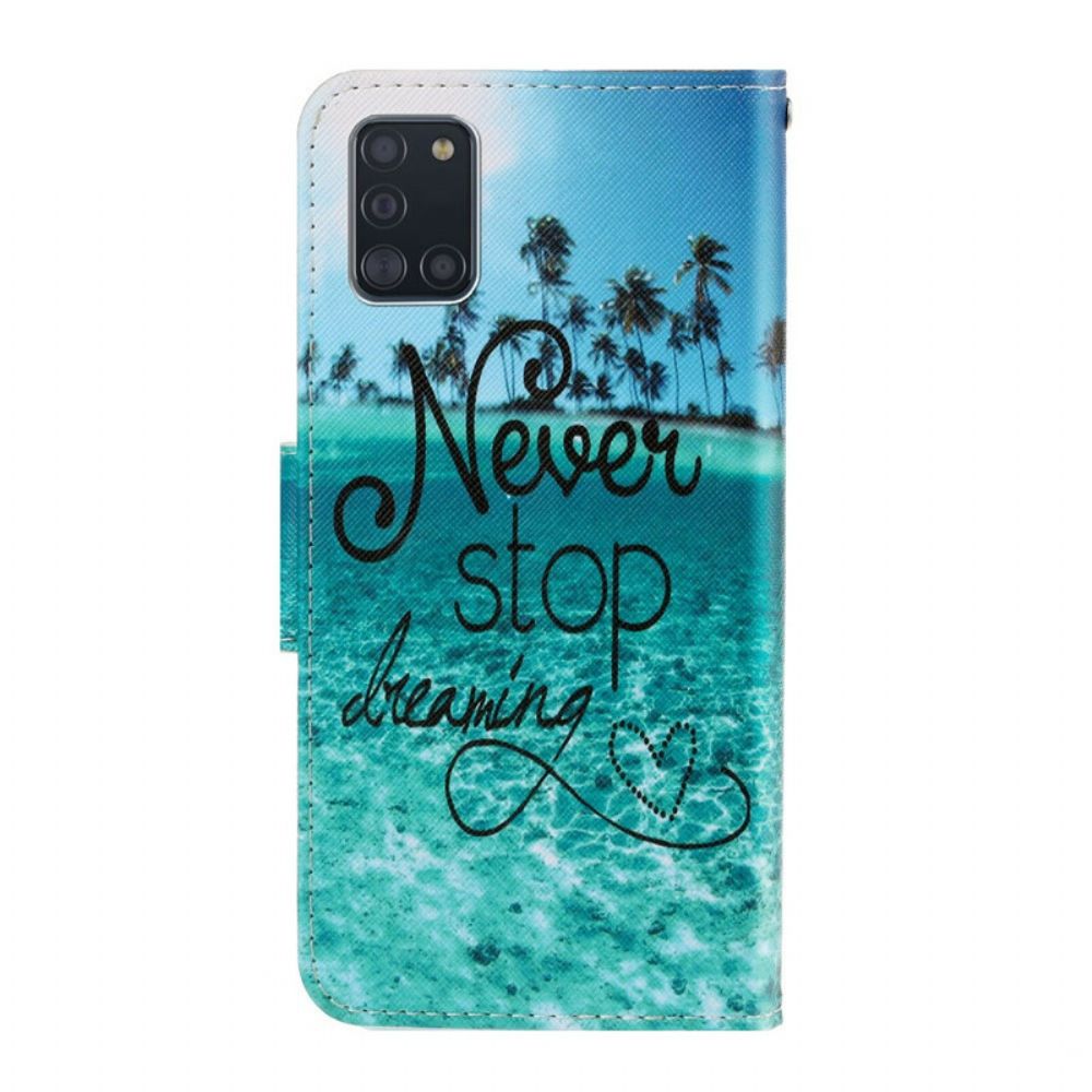 Folio-hoesje voor Samsung Galaxy A31 Met Ketting Stop Nooit Met Dromen Met Marineblauwe Bandjes