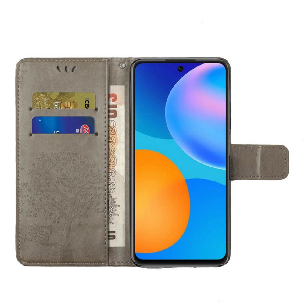 Folio-hoesje voor Huawei P Smart 2021 Met Ketting Boom En Uilen Met Bandjes