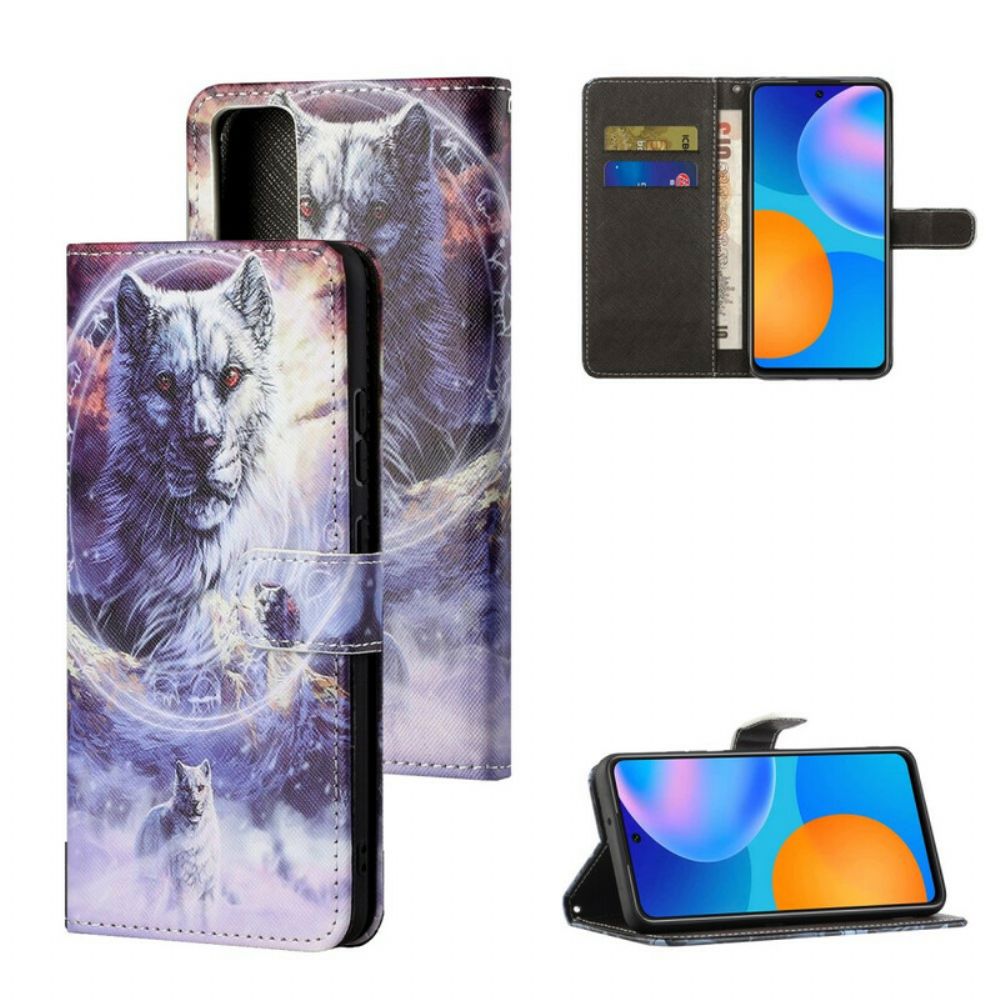 Folio-hoesje voor Huawei P Smart 2021 Winterwolf Met Koord