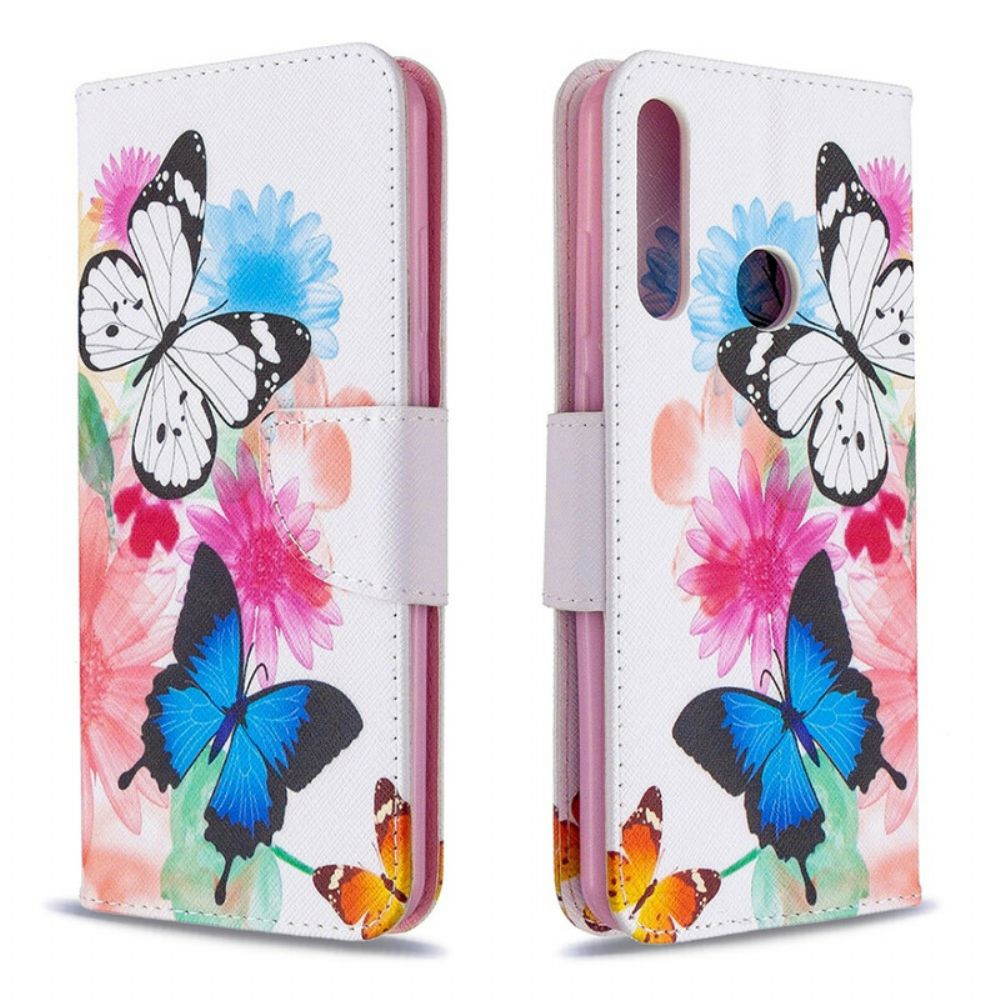 Folio-hoesje voor Huawei Y6p Geschilderde Vlinders En Bloemen