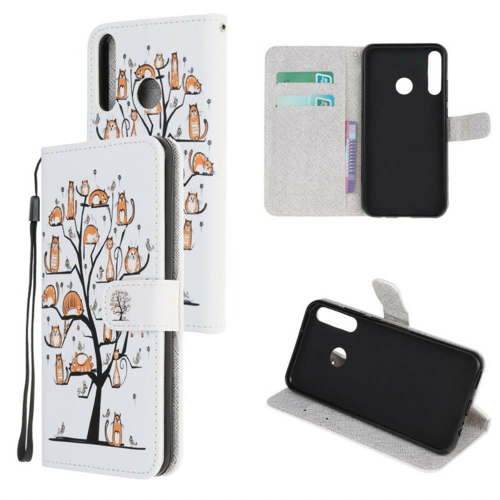 Leren Hoesje voor Huawei Y6p Met Ketting Funky Katten Met Riem