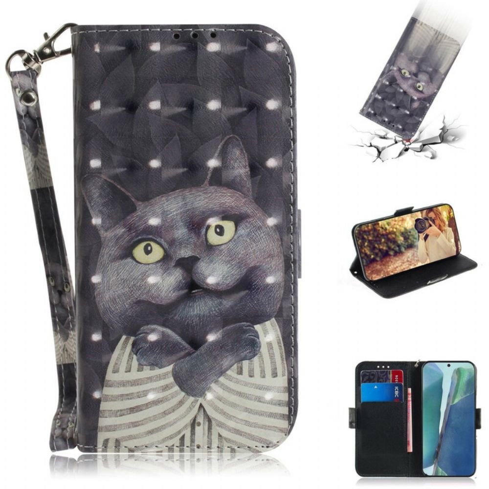 Leren Hoesje voor Samsung Galaxy Note 20 Met Ketting Grijze Kat Met Bandjes