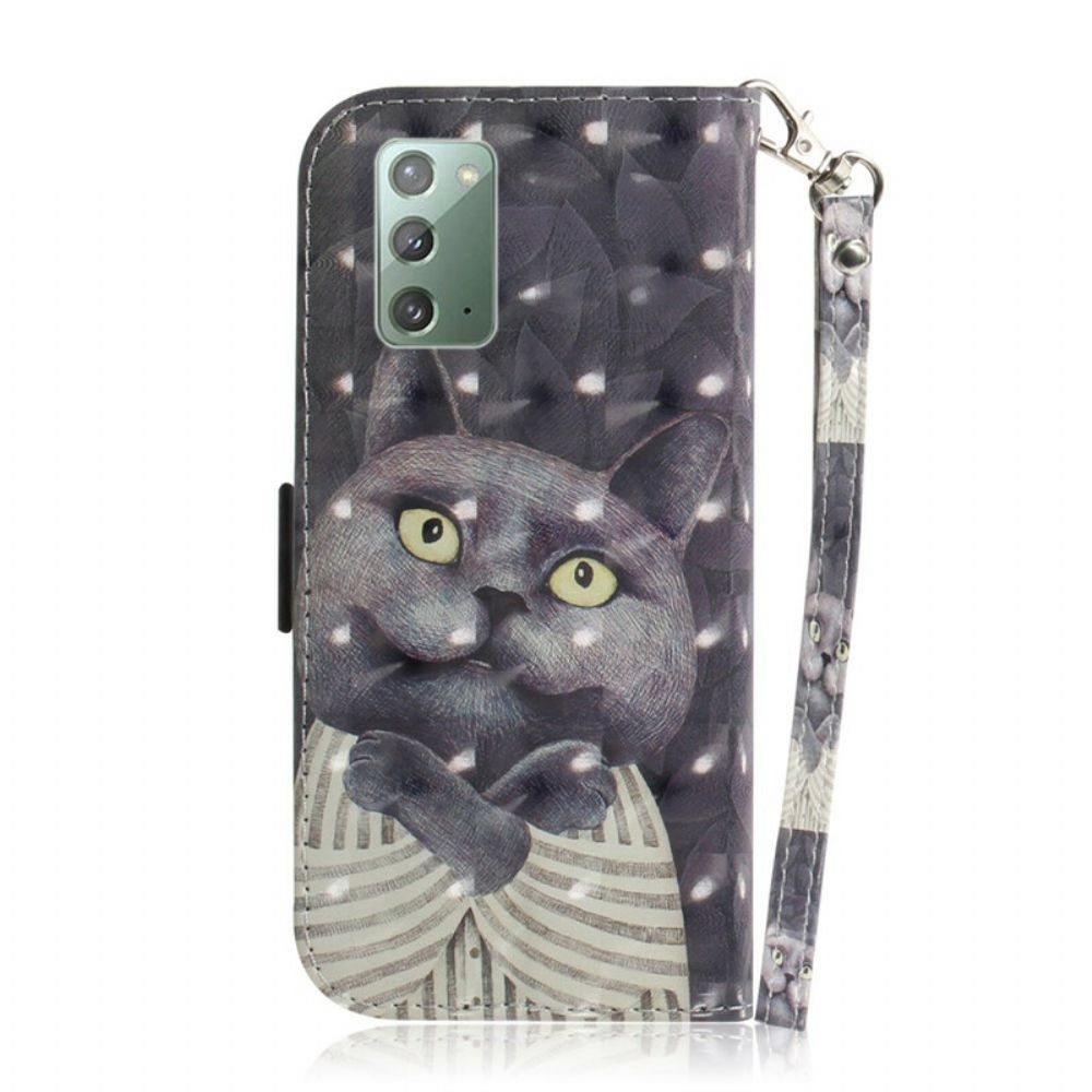 Leren Hoesje voor Samsung Galaxy Note 20 Met Ketting Grijze Kat Met Bandjes