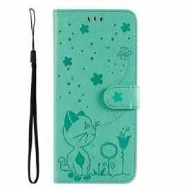 Leren Hoesje voor Vivo Y22s Met Ketting Kat En Bij Met Lanyard