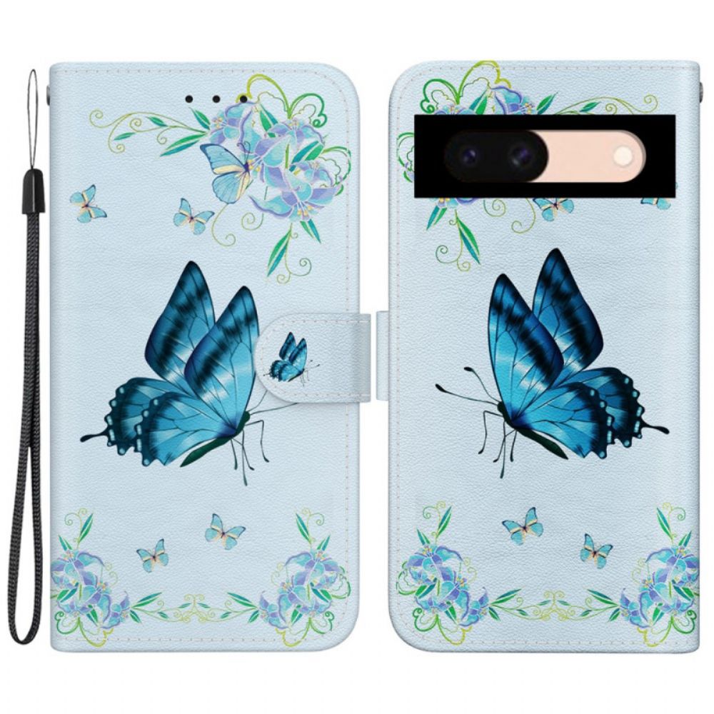 Bescherming Hoesje Google Pixel 8a Blauwe Vlinders En Bloemen Met Riem