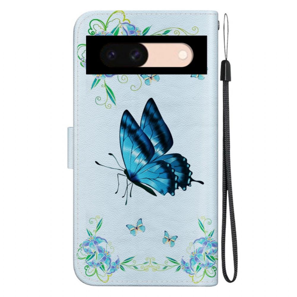 Bescherming Hoesje Google Pixel 8a Blauwe Vlinders En Bloemen Met Riem