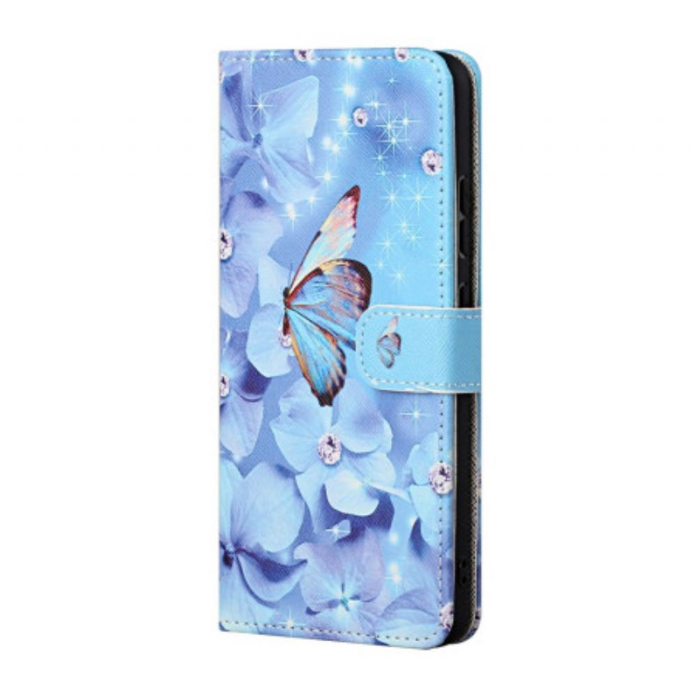 Folio-hoesje Google Pixel 8a Telefoonhoesje Blauwe Bloemen En Vlinders Met Riempje