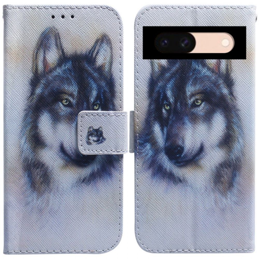 Leren Hoesje Google Pixel 8a Waterverfwolf Bescherming Hoesje