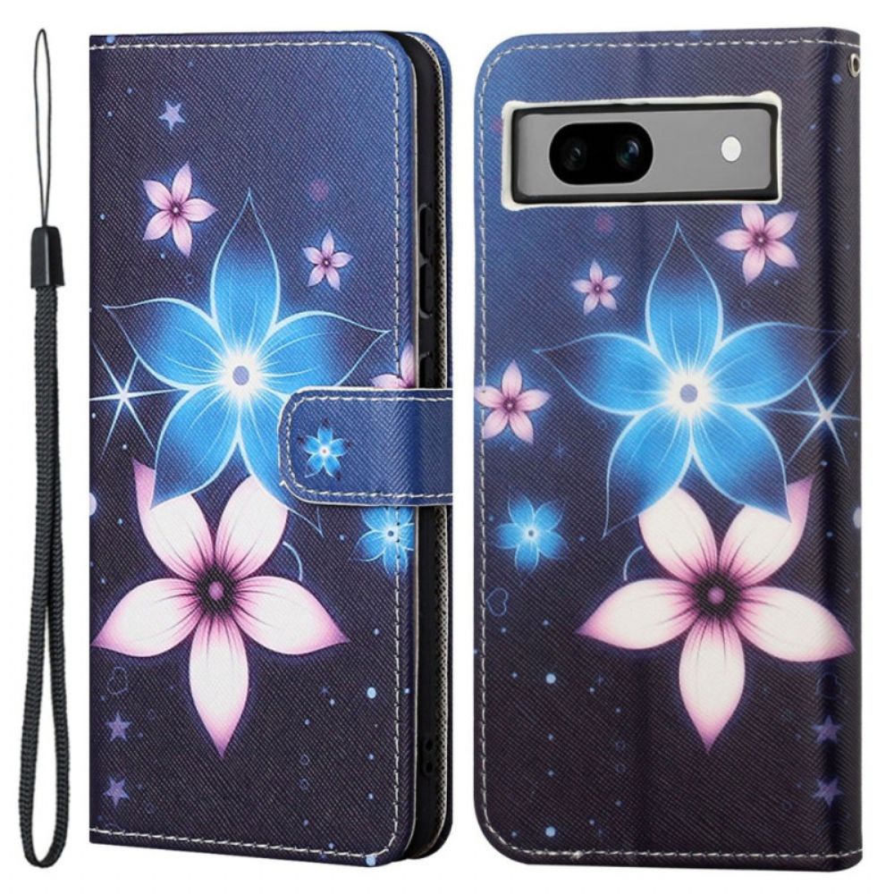 Leren Hoesje Voor Google Pixel 8a Maanbloemen Met Riempje