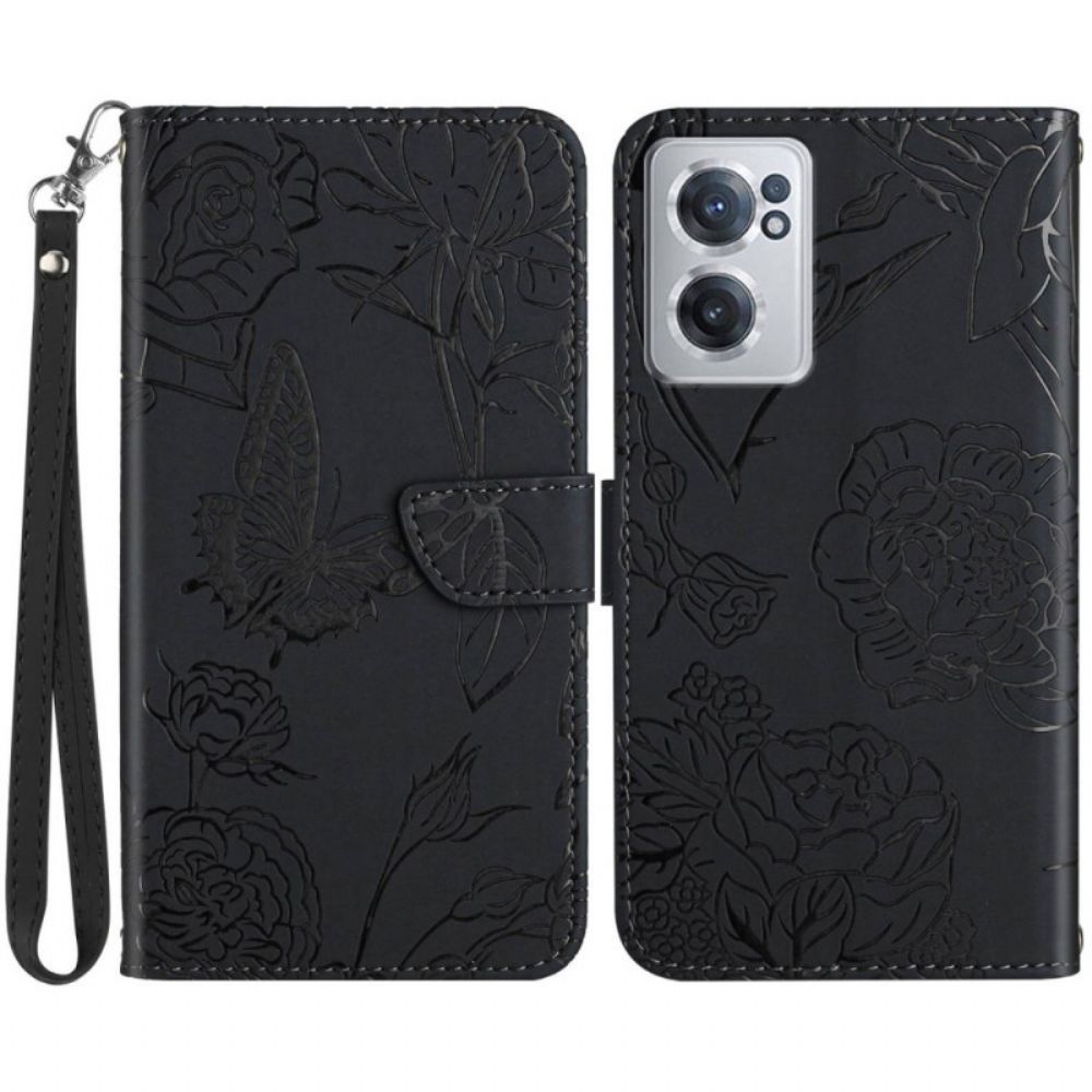 Folio-hoesje voor OnePlus Nord CE 2 5G Met Ketting Thong Vlinders En Bloemen