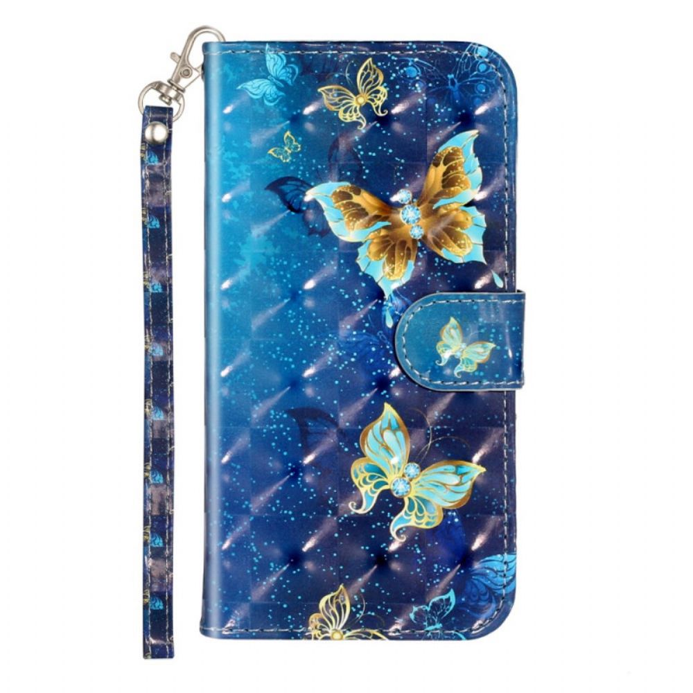 Leren Hoesje voor Samsung Galaxy S10e Gouden Vlinders Lanyard